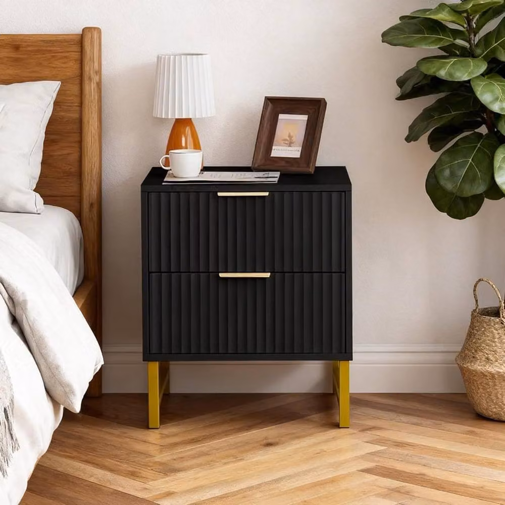 FURNITURE ONE Set of 2 Black and Gold 2 Drawer Bedside Tables with Modern Geometric Design – 2