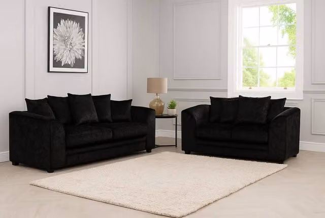 LUXURY LIFE Declan Black Crushed Velvet Fabric 3 Seater Sofa Set with Solid Wood Frame and Scatter Cushions – 1