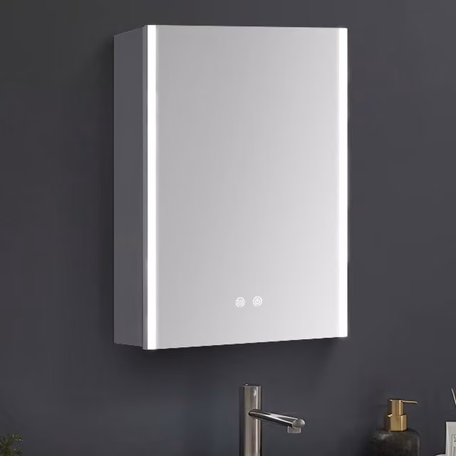Livingandhome Frameless LED Mirror Cabinet with Integrated Lighting and Internal Shelves in Silver