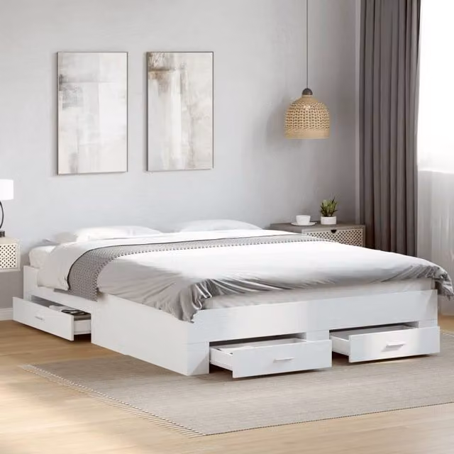 Berkfield Home Modern Bed Frame with Drawers in White, W/D/H: 160 x 200 cm
