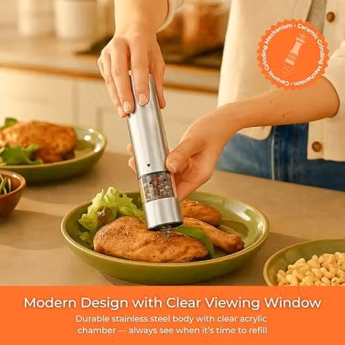 Innoteck Electric Salt and Pepper Mill Set in Silver, Stainless Steel and Ceramic with Adjustable Coarseness and Integrated Light – 2