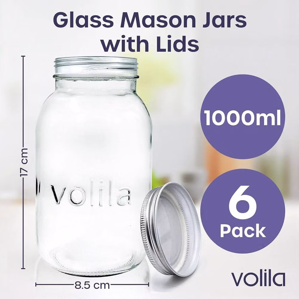Volila Glass Mason Jars with Screw Lids, 1000 ml, Clear, 6 Pack – 1