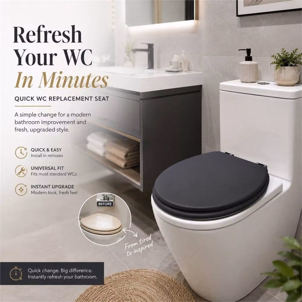 Pawnora Universal Oval Wooden Toilet Seat in Black – 3