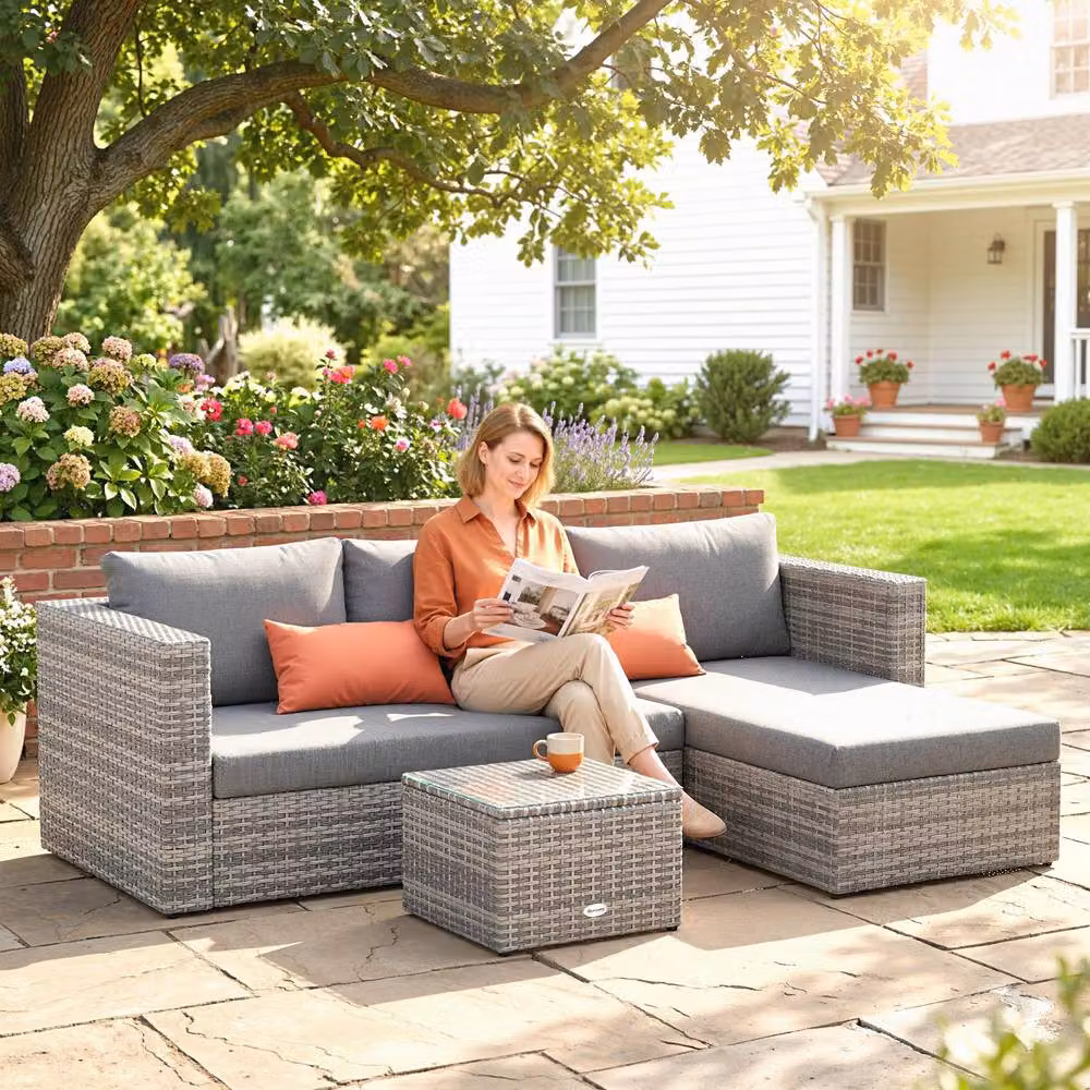 ERGOVEXA 3 Piece Grey L-Shape Outdoor Rattan Sofa Set with Upholstered Cushions and Coffee Table – 4