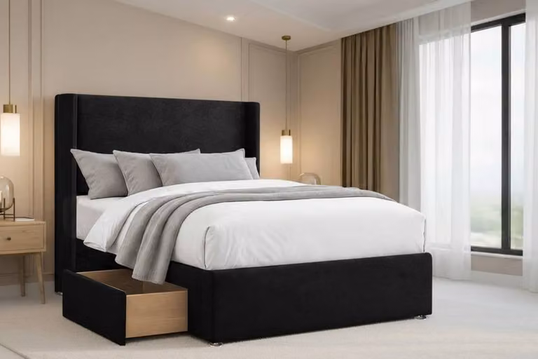 Nexus Mattresses Ltd Portofino Plush Divan with 2 Drawers and Winged Headboard, Black, W/D/H: 140 x 200 cm