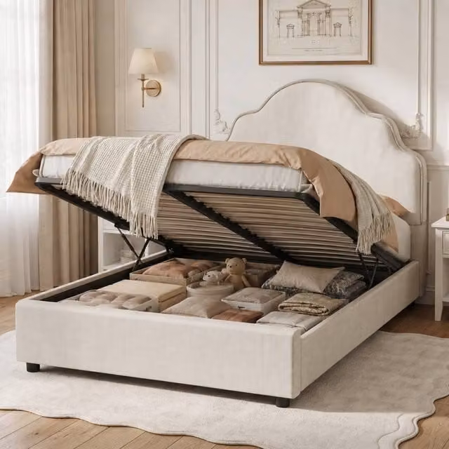 Rolipo Scalloped Upholstered Kids Bed Frame with Lift Up Base, Beige Linen, W/D/H: 90 x 190 cm