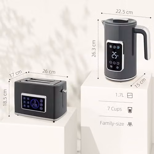 HOMCOM Grey Kettle and Toaster Set with LED Touch Screen, 1.7 l – 4