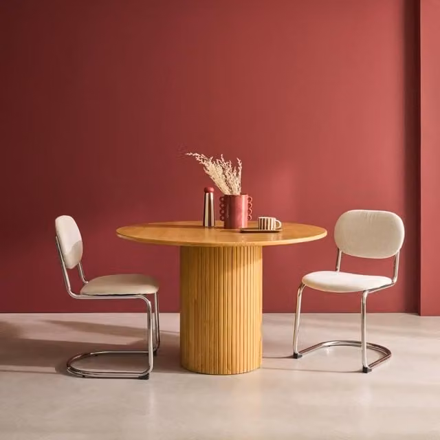 Sweeke Round Rubberwood and Oak Veneer Dining Table with 4 Seats in Beige