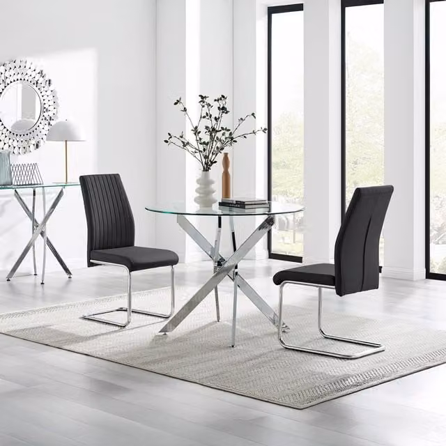 FurnitureboxUK Novara Round Glass Dining Table and Two Lorenzo Chairs Set in Black