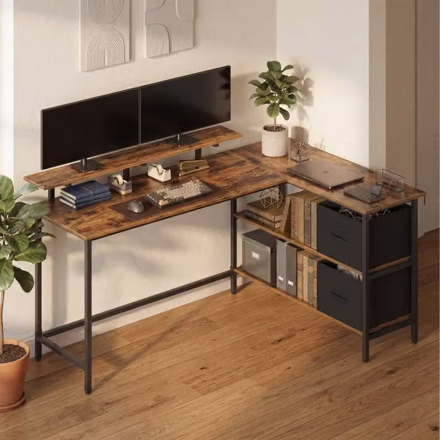 VASAGLE Corner Computer Desk with Drawers and Adjustable Storage Shelf, Rustic Brown, W/D/H: 105 x 50 x 90 cm
