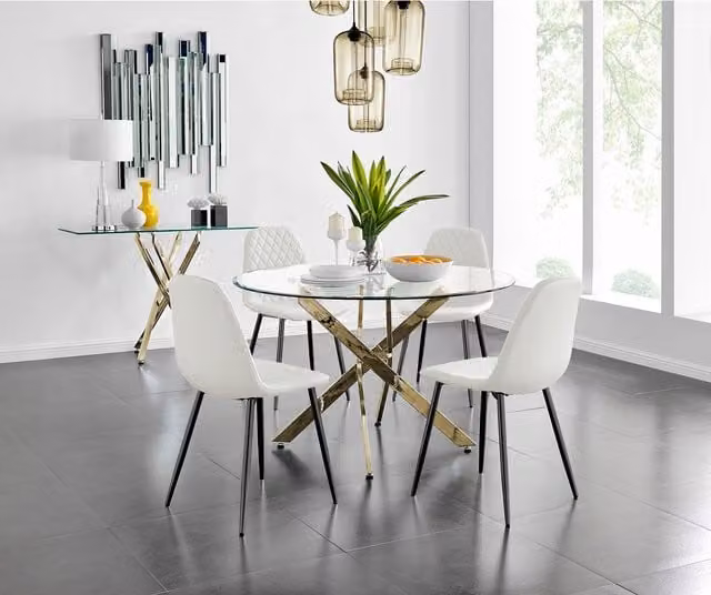 FurnitureboxUK Novara Gold Round Glass Dining Table with 4 White Corona Faux Leather Chairs and Black Legs, Diameter: 120 cm
