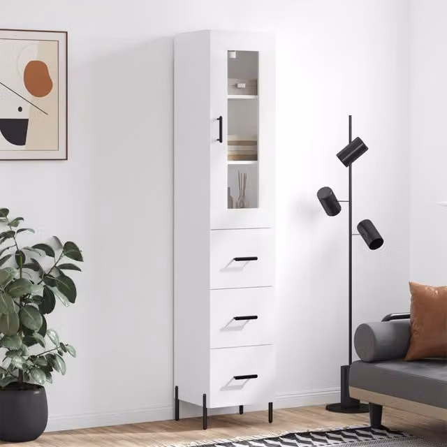 Berkfield Home White Modern Highboard with Glass Doors and Internal Shelves, W/D/H: 34.5 x 34 x 180 cm – 1