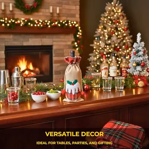 Shatchi Christmas Wine Bottle Cover in Brown Burlap Hessian Linen with Floral Print and Drawstring Closure – 4
