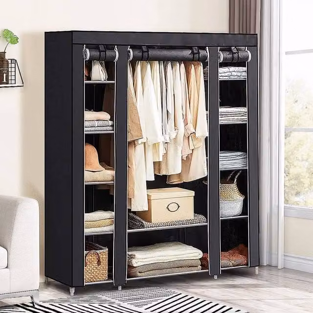 FLAVORA Black Canvas Fabric Clothes Storage Wardrobe with Roll Shutter, H 171.0 cm x W 150.0 cm