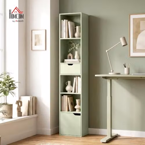 HOMCOM 6-Tier Slim Green Bookshelf with Drawer, W/D/H: 30 x 24 x 158 cm – 2