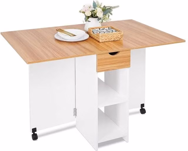 KORVIXA White and Oak Folding Dining Table with Drop Leaf and Castors, W/D/H: 100 x 100 x 75 cm
