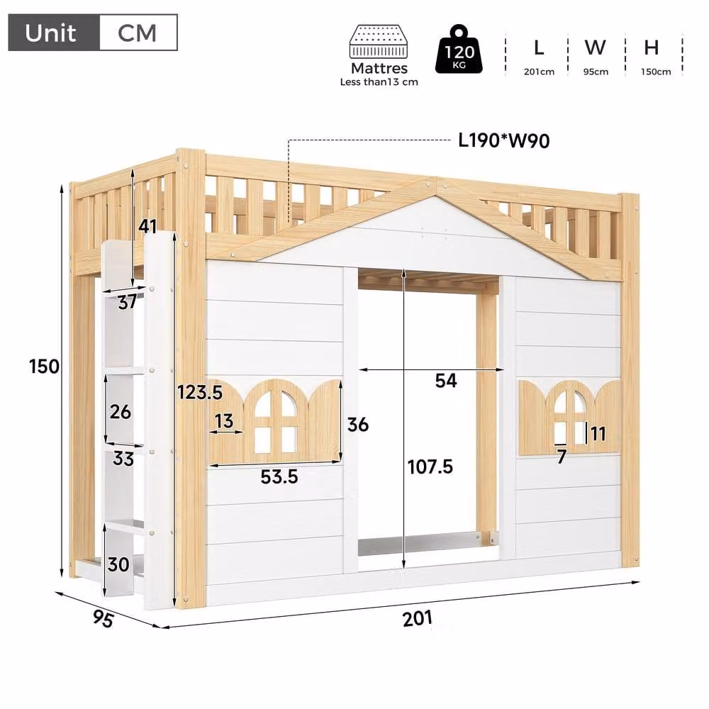 Rolipo Kids Wooden House Bunk Bed with Play Area, White and Natural, W/D/H: 90 x 190 cm – 3