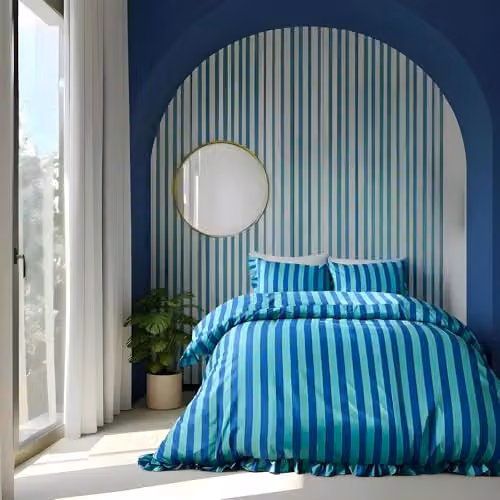OHS Stripe Microfibre Polyester Double Duvet Cover and Pillowcase Set in Blue and Green, W/D/H: 200 x 200 cm