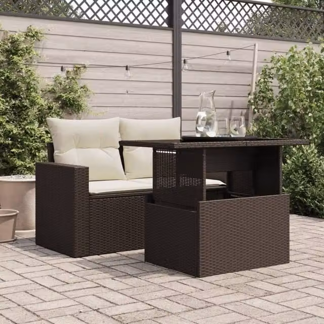 Berkfield Home Brown Poly Rattan Garden Table with Glass Top, W/D/H: 100 x 55 x 73 cm