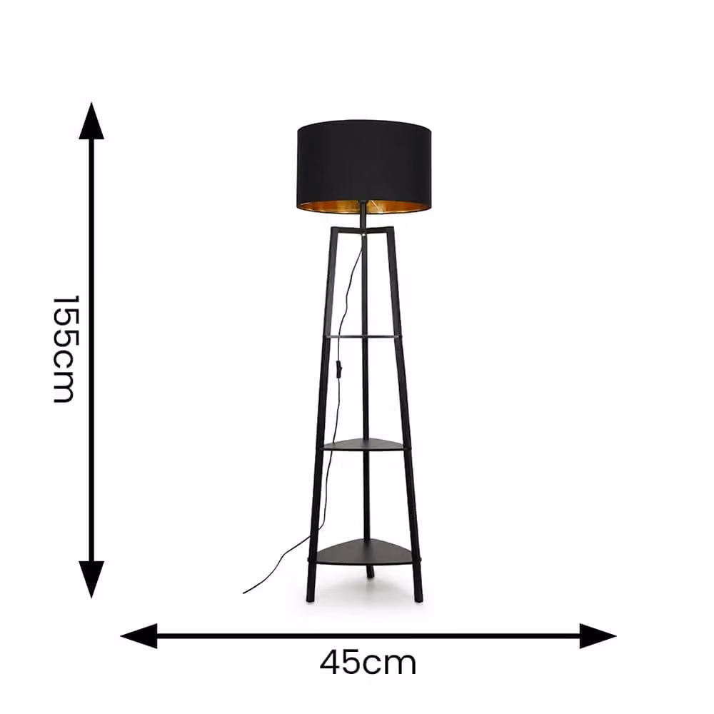 ValueLights Hiru Black 3 Tier Shelf Floor Lamp with Black and Gold Shade and Bulb – 5