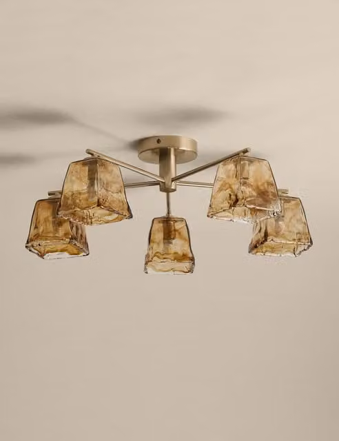 M&S Modern 5 Light Glass and Metal Flush Ceiling Light in Brown and Gold/Brass