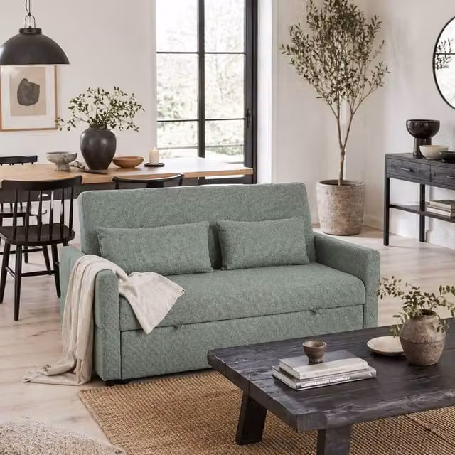 Wyld Haus Nenase Mint Green 2 Seater 3 Way Convertible Sofa Bed with Pull Out Drawer and Adjustable Headrest – 1