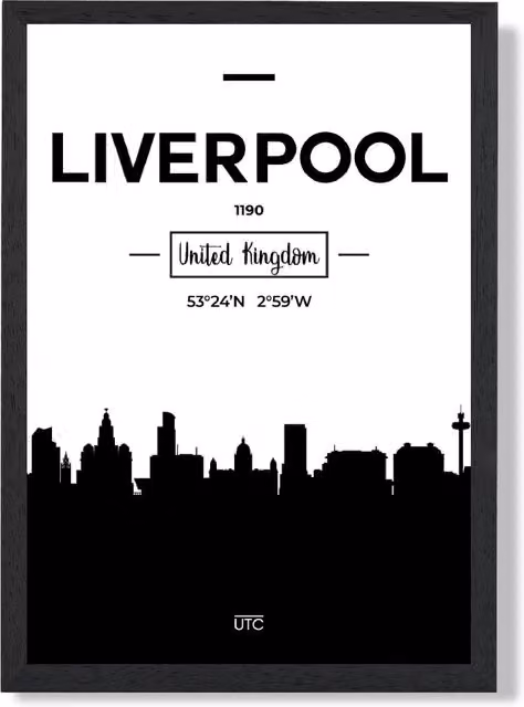 ARTZE Liverpool Black and White City Skyline Framed Print, A4 – 1