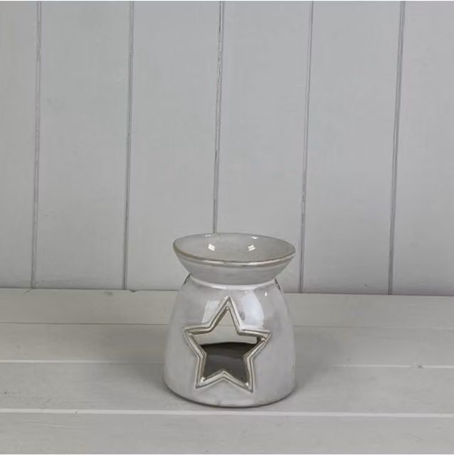 KDMD Glazed Ceramic Wax Oil Burner with Star Cut Out and Textured Detail in Light Grey
