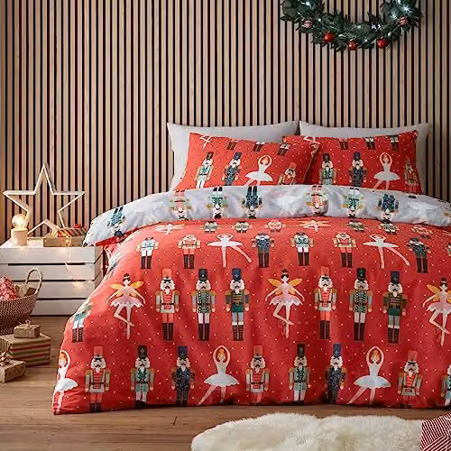 Fusion Nutcracker and Ballerina Reversible Christmas Duvet Cover Set in Red and Green, W/D/H: 200 x 200 cm