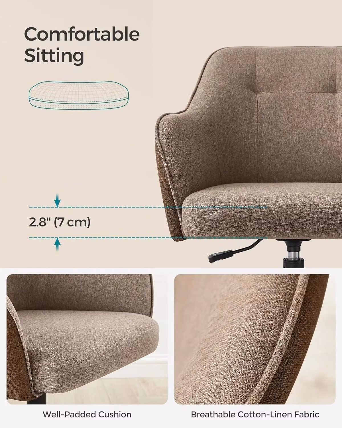 SONGMICS Swivel Home Office Task Chair with Armrests and Adjustable Height in Brown – 4