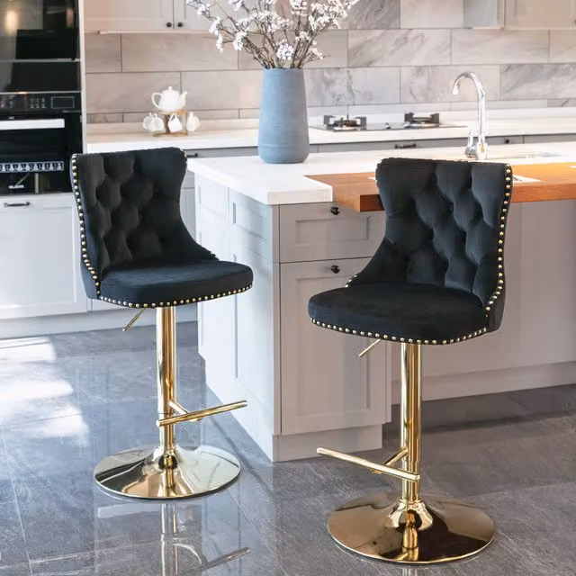 Modern Home Touch Set of 2 Luxury Black Velvet Tufted Swivel Bar Stools with Gold Metal Base
