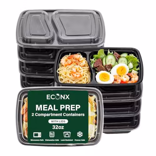 ECONX 50 Pack Black 2 Compartment Meal Prep Food Containers with Airtight Lids, 32oz Plastic Bento Lunch Boxes, Microwave and Dishwasher Safe – 1