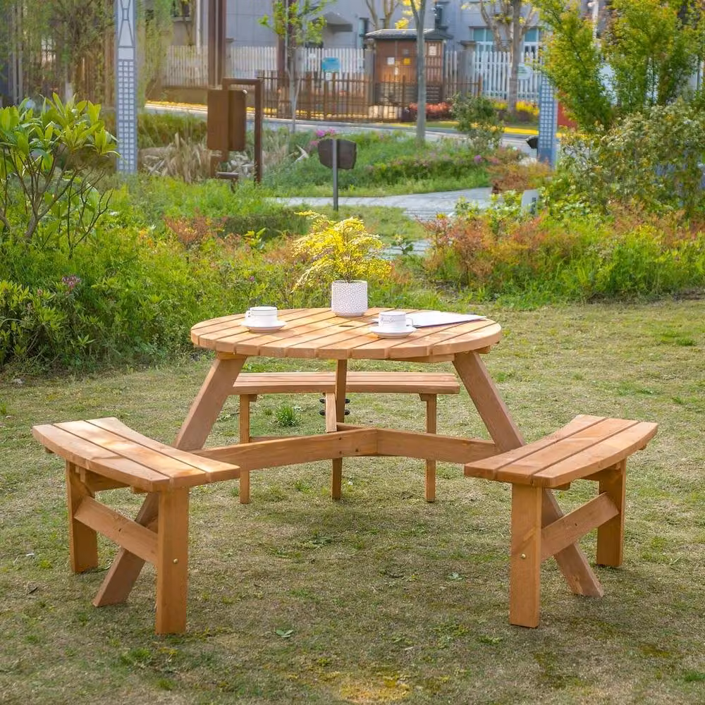 PAWNORA 6 Person Fir Wood Garden Table and Bench Set in Brown – 3