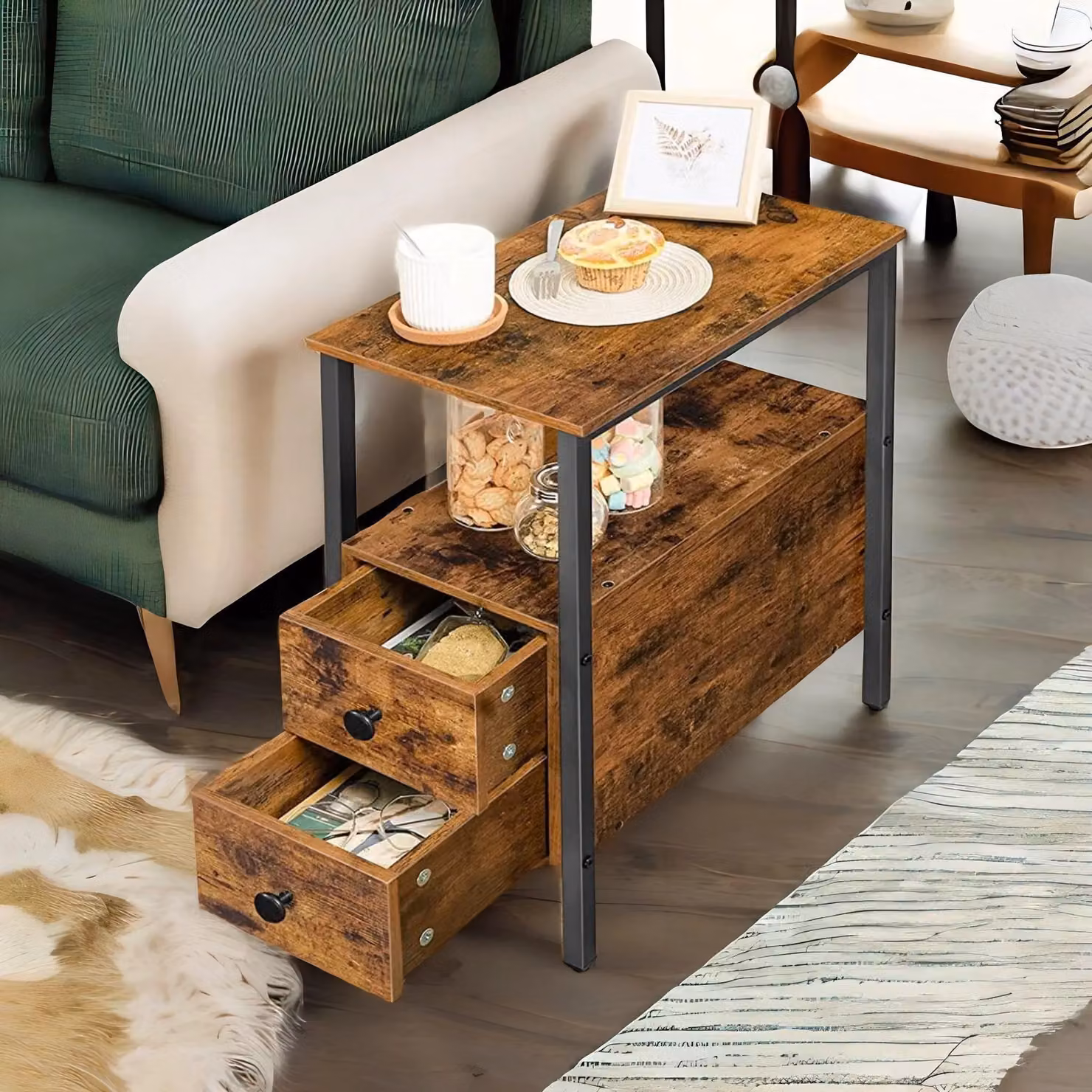 Rafaelo Mobilia Slim Bedside Table with 2 Drawers in Brown and Black – 2