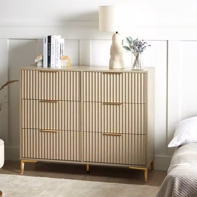 Wyld and Coco Beige 6-Drawer Chest with Fluted Fronts and Gold Handles – 1