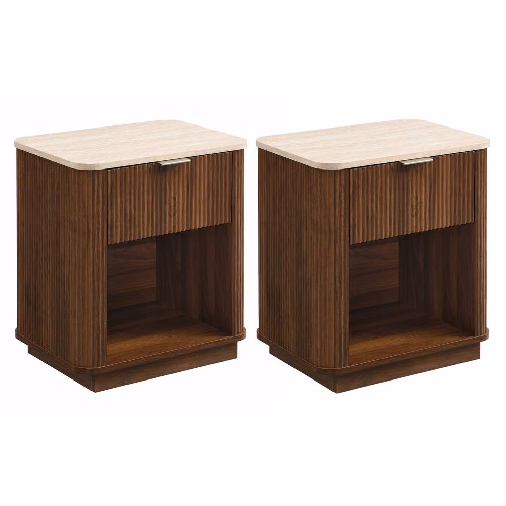 Merax Set of 2 Fluted Bedside Tables with Marble Effect Top Drawer and Open Shelf in Walnut – 7
