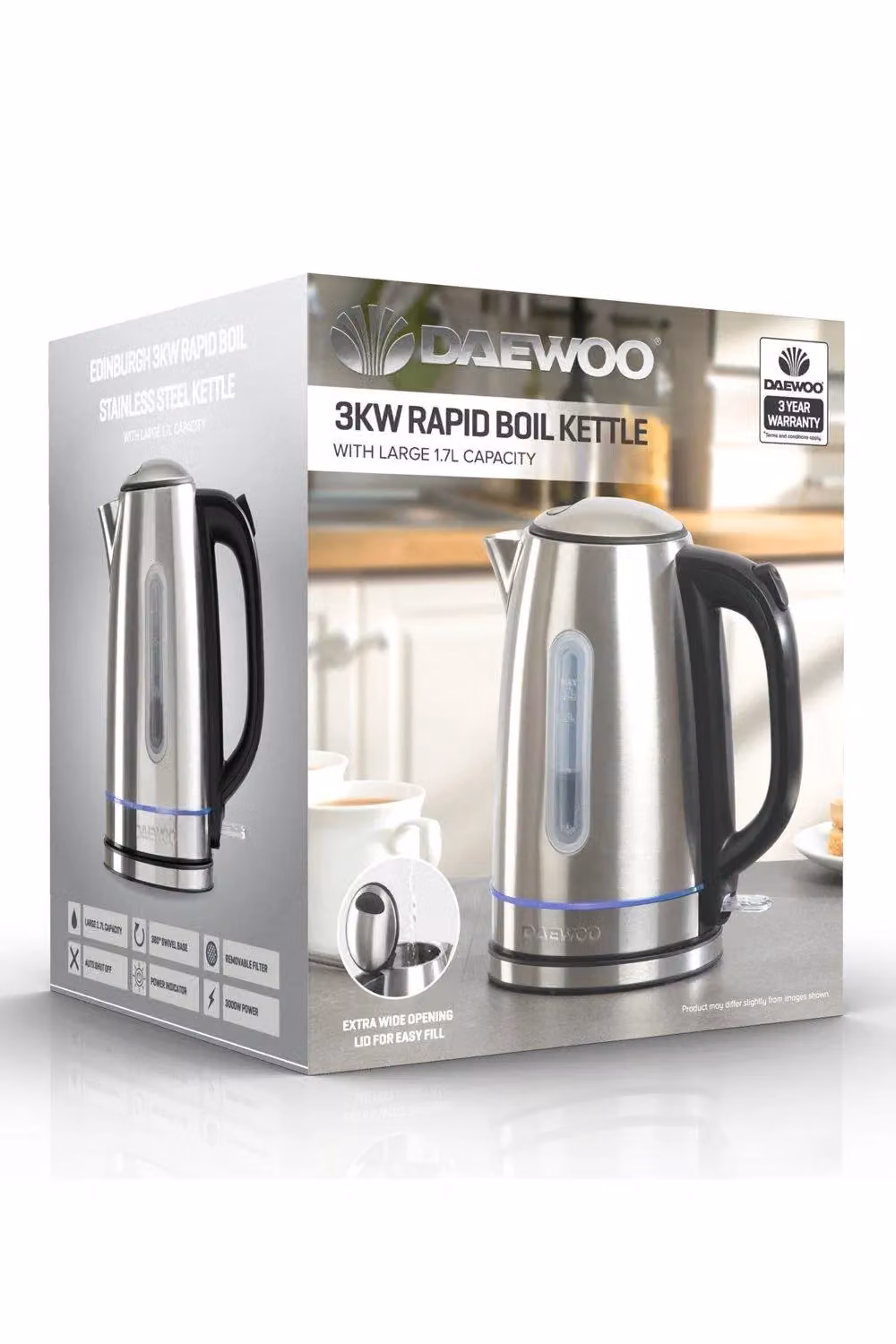 Daewoo Edinburgh Rapid Boil Kettle, 1.7 l, Silver Stainless Steel with Auto Shut Off and Limescale Filter – 7
