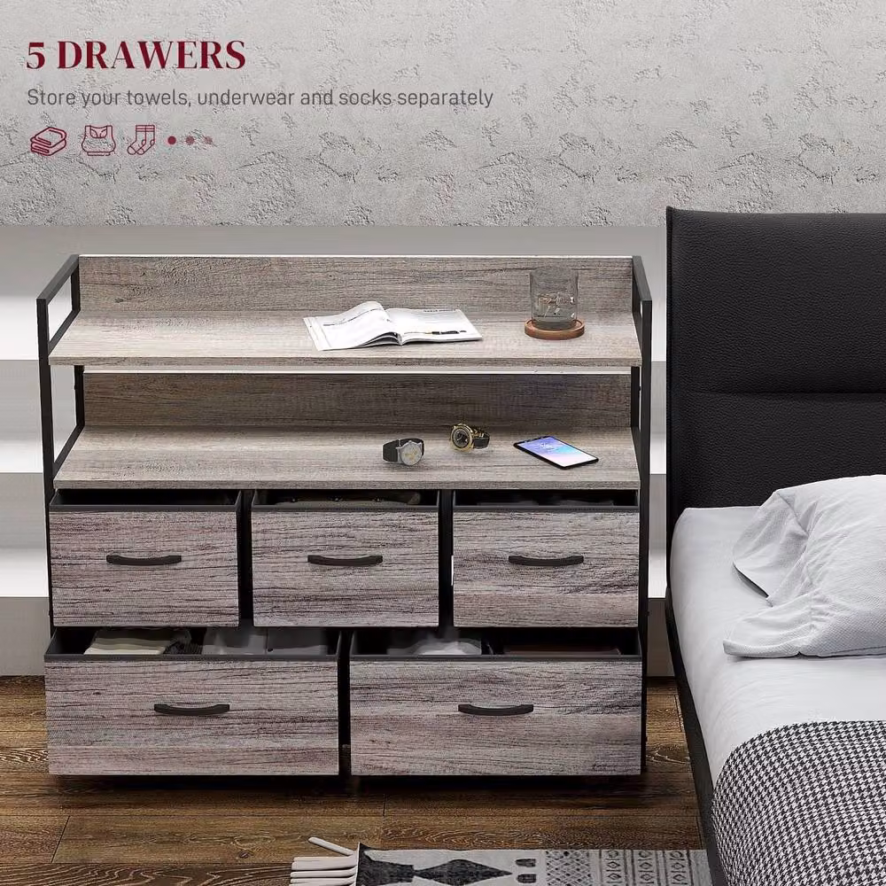 Wyld Haus Rimo Grey Wood Effect 5 Drawer Fabric Storage Chest – 4