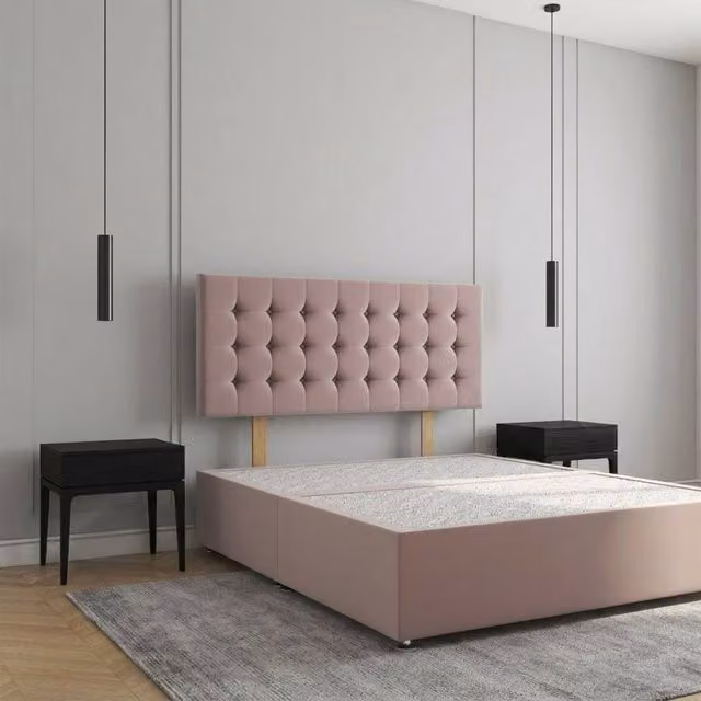 Regional Furnishings Plush Velvet Single Divan Bed Base with 24 inch Headboard in Pink, W/D/H: 90 x 200 x 30.48 cm
