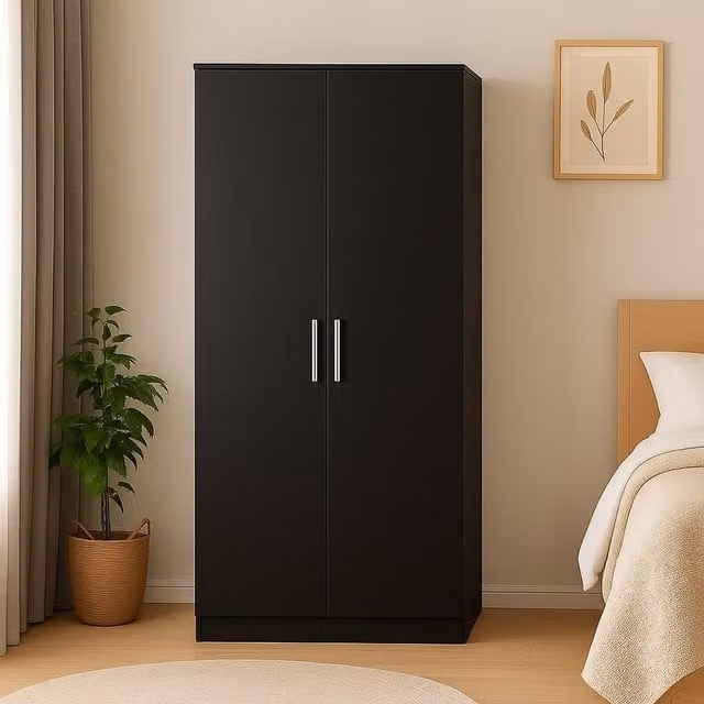 Home Treats Black Wooden 2 Door Wardrobe with Hanging Rod and Internal Shelves, H 170 cm x W 47 cm x D 47 cm