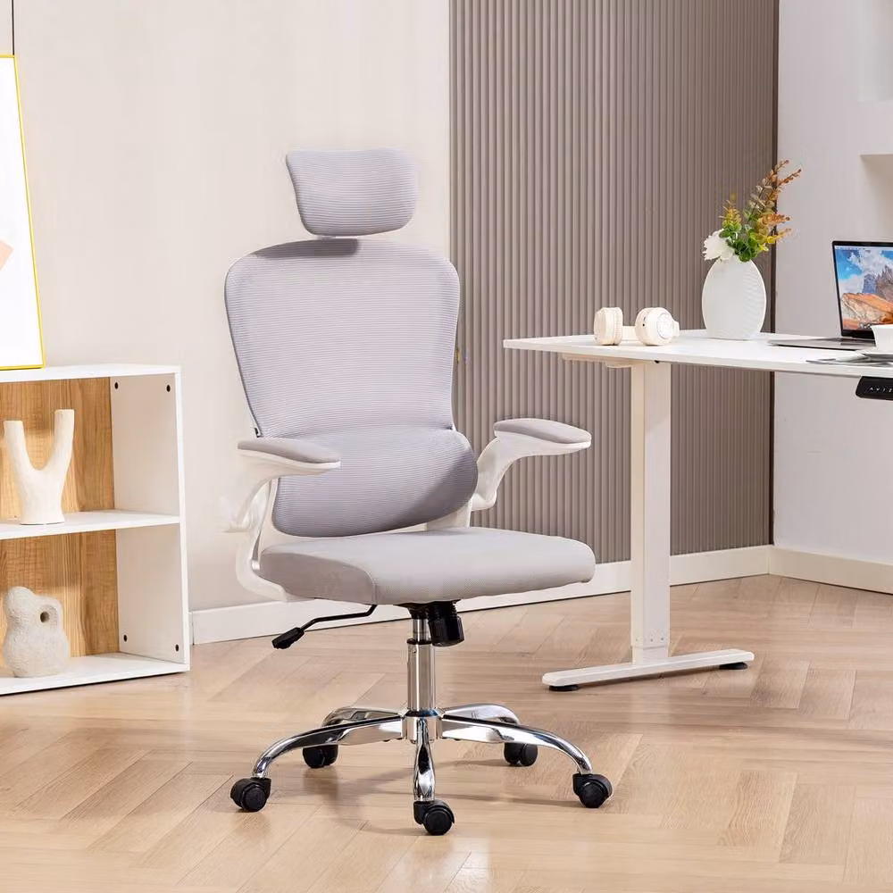 KORVIXA Grey Ergonomic Mesh Office Chair with Adjustable Headrest, Armrests and Castors for Home Office – 2