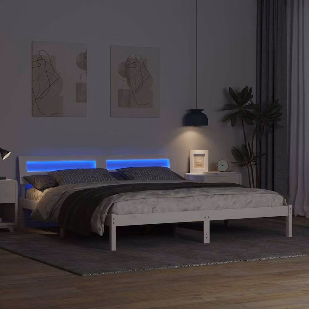 Berkfield Home Modern White Solid Wood Bed with Headboard, LED Strip Lights and Lift Up Base, W/D/H: 200 x 200 cm – 3