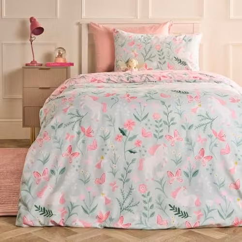 OHS Enchanted Unicorn Reversible Microfibre Double Duvet Cover and Pillowcase Set, Pink and Green