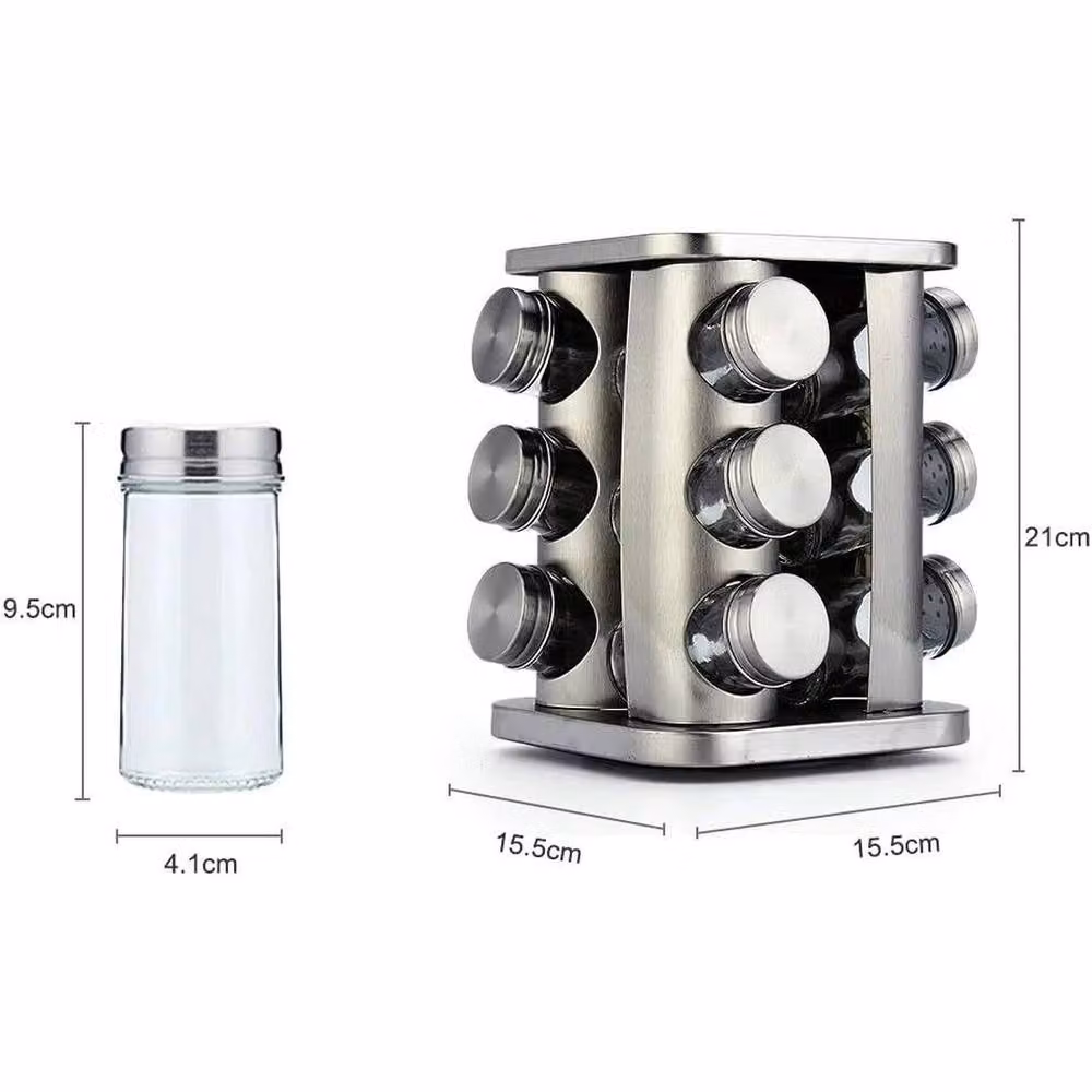 PAWNORA Stainless Steel Revolving Spice Rack with Glass Jars in Silver – 2