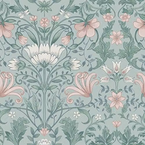 Holden Vintage Floral Wallpaper in Soft Teal Green and Pink with Botanical Flowers and Leaves