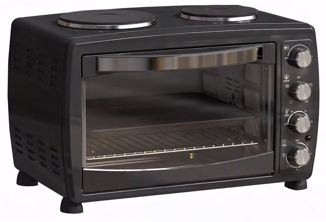 HOMCOM 36L Small Oven with 2 Hot Plates, Black, 2600W, with Grill, Timer and Overheat Protection