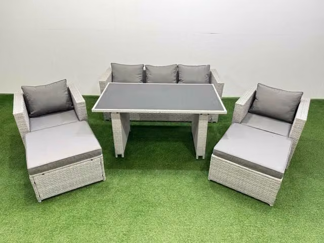 Fimous Modern Rattan Patio Garden Furniture Set with Black Glass Top Dining Table in Light Grey