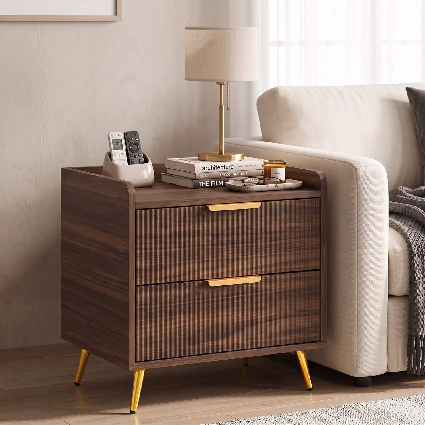 HOMCOM Modern Wall Mounted Two-Drawer Bedside Table in Walnut Brown and Gold – 2