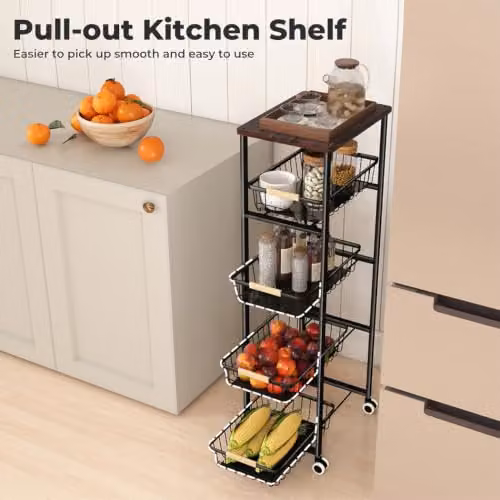 Levede Black Metal Stackable Wire Storage Baskets and Multi-Layer Kitchen Organiser Cart with Wheels and Pull-Out Drawer, H 108 x W 48 x D 28 cm – 2