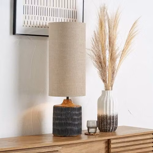 Ruma Antique Black Wash Mango Wood Table Lamp with Beige Fabric Shade